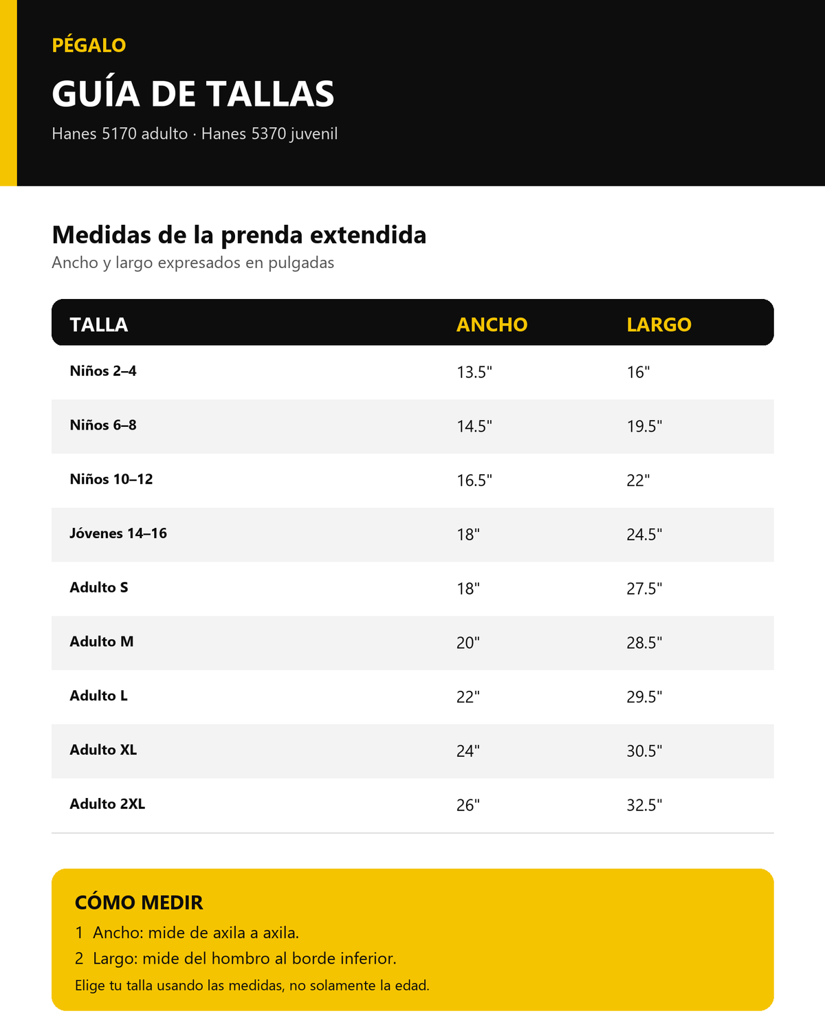 Guía de tallas Hanes para niños y adultos